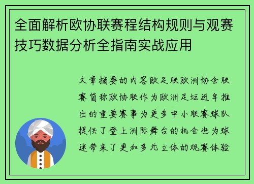 全面解析欧协联赛程结构规则与观赛技巧数据分析全指南实战应用