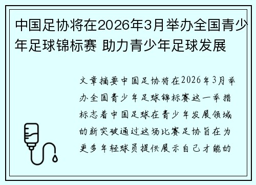 中国足协将在2026年3月举办全国青少年足球锦标赛 助力青少年足球发展